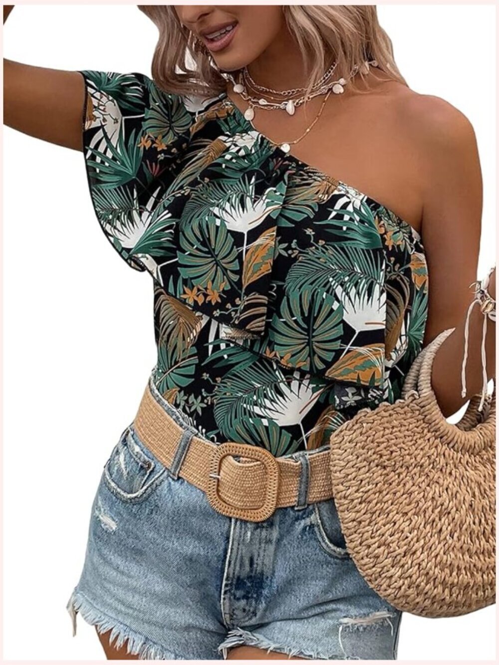 One Shoulder Ruffle Trim Sleeveless Blouse Tropical Print Boho